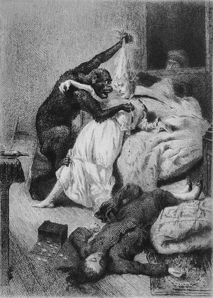 Illustration for ''The Murders in the Rue Morgue'' Edgar Allan Poe (1809-49) ; engraved by Eugene Mi a (after) Daniel Urrabieta Vierge