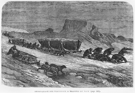 Pulling the sledges through the pack ice, illustration from ''Expedition du Tegetthoff'' Julius Pray a (after) Edouard Riou