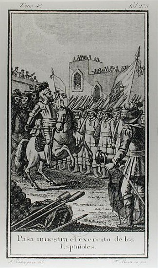 Hernando Cortes (1485-1547) Reviewing his Troops; engraved by Antonio Rodriquez a (after) F. Marti