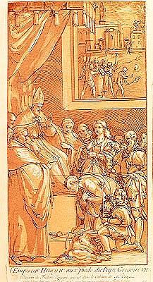 Emperor Henri IV (1050-1106) at the feet of Pope Gregory VII (1020-85) ; engraved by Nicolas Le Sueu