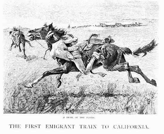 A Peril of the Plains, the First Emigrant Train to California; engraved by F.H.W. a (after) Frederic Remington