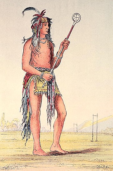 Sioux ball player Ah-No-Je-Nange, ''He who stands on both sides'' (hand-coloured litho) a (after) George Catlin