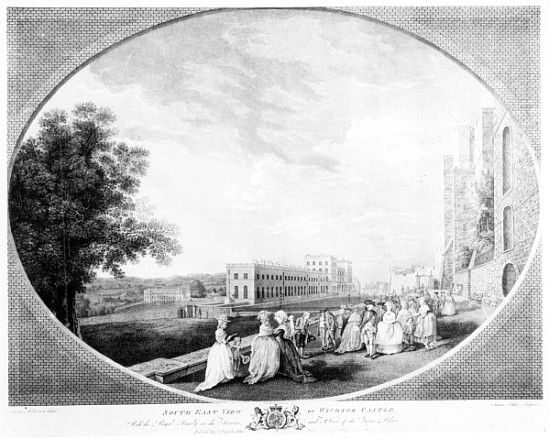 South East view of Windsor Castle, with the Royal Family on the terrace and a view of the Queen''s P a (after) George Robertson