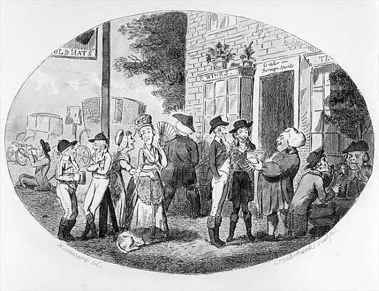 Outside the Old Hats Tavern; engraved by Isaac Cruikshank a (after) George Moutard Woodward