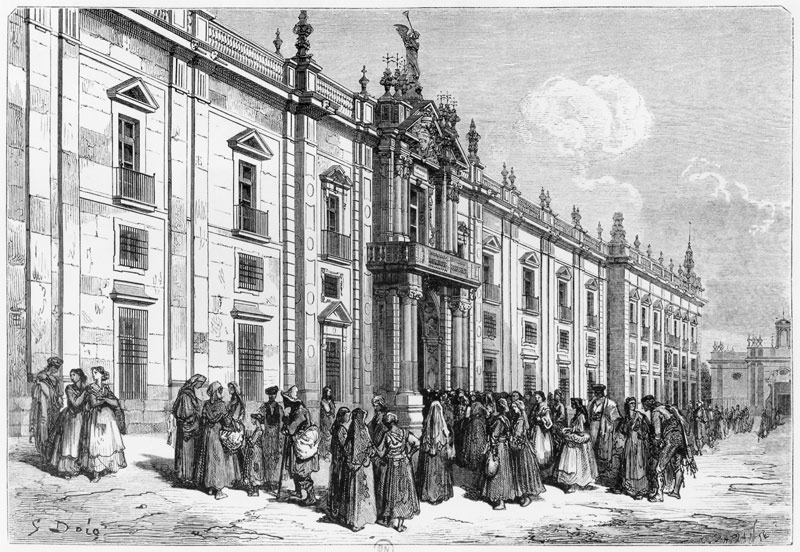 The tobacco factory at Seville; engraved by Charles Laplante (d.1903) a (after) Gustave Dore