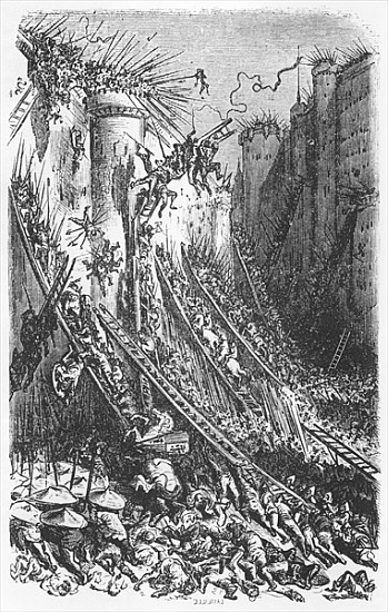 Attacking a castle or a fortified town, illustration from ''Les Contes Drolatiques'' Honore de Balza a (after) Gustave Dore