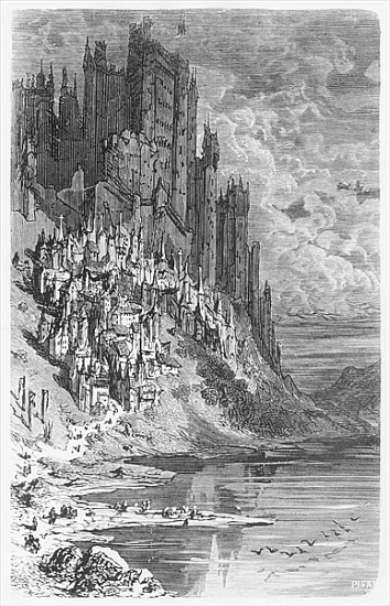 Fantasy landscape with town and castle, illustration from ''Les Contes Drolatiques'' Honore de Balza a (after) Gustave Dore
