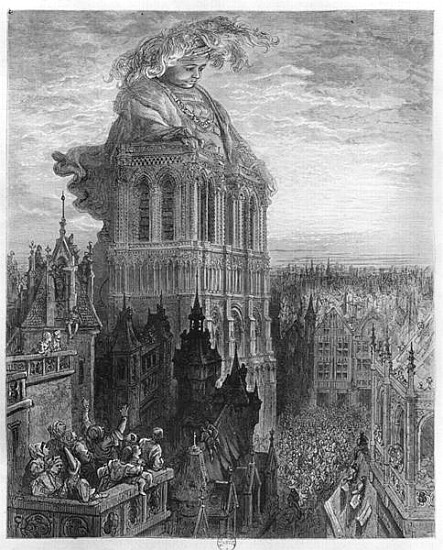 Gargantua on the towers of Notre-Dame at Paris, illustration from ''Gargantua'' Francois Rabelais (1 a (after) Gustave Dore