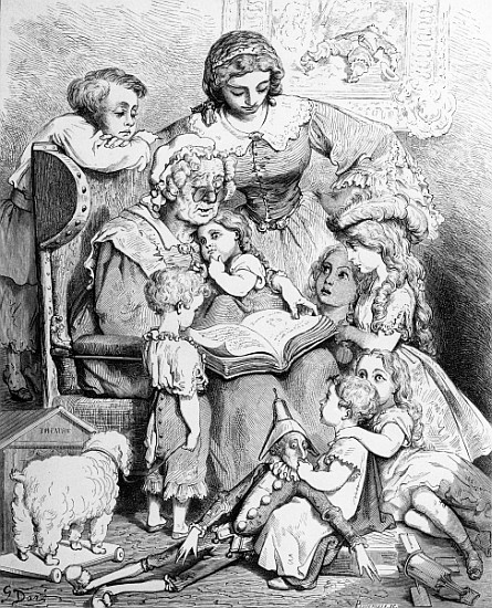 Grandmother telling a story to her grandchildren, illustrated title page from ''Les contes de Perrau a (after) Gustave Dore