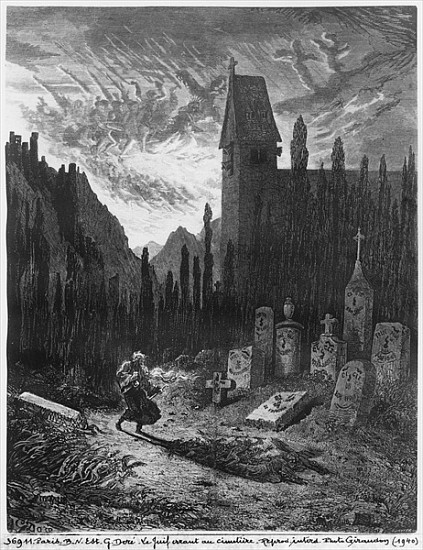 The Wandering Jew in the cemetery; engraved by Octave Jahyer (b.1826) a (after) Gustave Dore