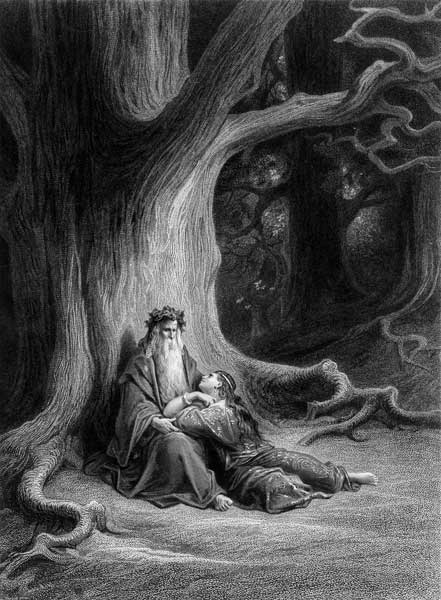 The Enchanter Merlin and the Fairy Vivien in the forest of Broceliande, from ''Vivien'', poem Alfred a (after) Gustave Dore