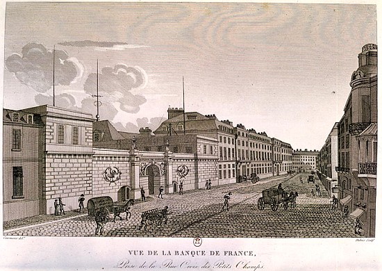 The Bank of France from Rue Croix-Petits-Champs; engraved by Eugene Dubois a (after) Henri Courvoisier-Voisin