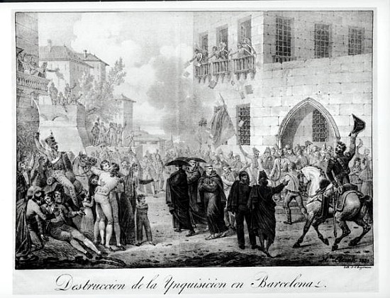 Destruction of the Inquisition in Barcelona, 10th March 1820; engraved by Godefroy Engelmann (1788-1 a (after) Hippolyte Lecomte