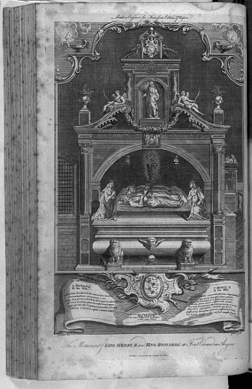 The Monument to Henry II and Richard I in Fontevrault Abbey; engraved by John Goldar a (after) Hubert Gravelot