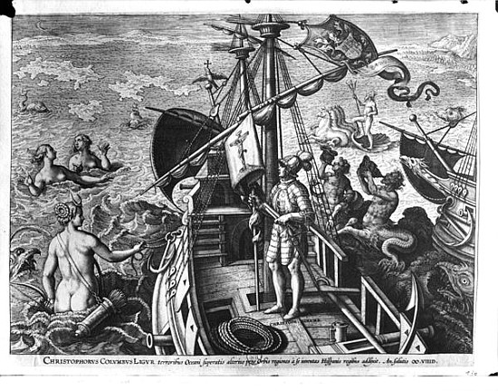 Christopher Columbus (1451-1506) on board his caravel, discovering America a (after) Jan van der (Joannes Stradanus) Straet