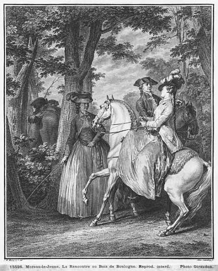 The meeting at the Bois de Boulogne; engraved by Heinrich Guttenberg (1749-1818) c.1777 a (after) Jean Michel the Younger Moreau