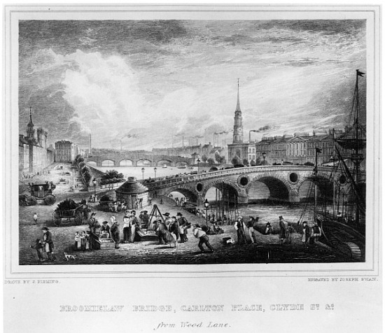 Broomielaw Bridge, Carlton Place, Clyde St., Glasgow; engraved by Joseph Swan a (after) John Fleming