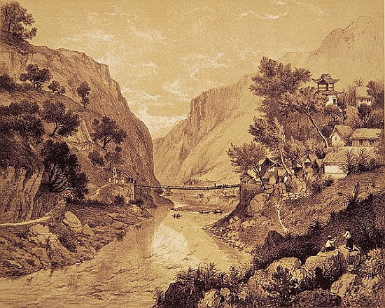 Suspension Bridge at Lao-Oua-Tan, Plate 46, from ''Exploration de l''Indochine, Vol.II''; engraved b a (after) Louis Delaporte