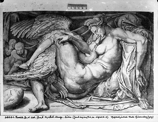 Leda; engraved by Jacobus Bos, Boss or Bossius (b.c.1520) a (after) Michelangelo Buonarroti