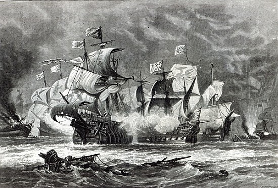 The Vanguard, under Sir William Winter, engaging the Spanish Armada, from ''Leisure Hour'' a (after) Oswald Walter Brierly