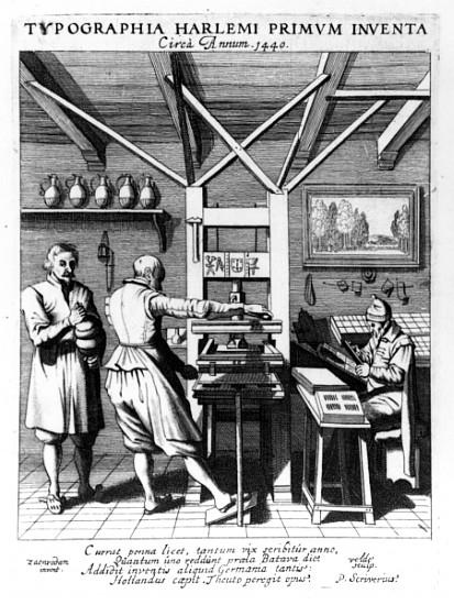 The bindery of Laurens Janszoon Koster; engraved by J. van der Velde, published by  in ''Laure-crans a (after) Pieter Jansz Saenredam
