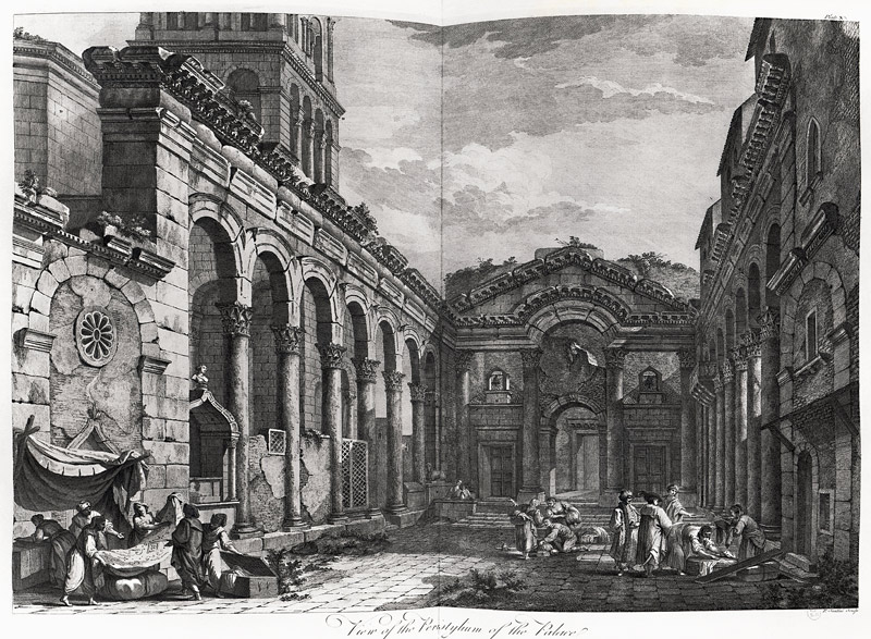 View of the peristyle of the palace of Diocletian (245-313), Roman Emperor 284-305, at Split on the  a (after) Robert Adam