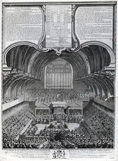 Trial of Simon Fraser, Lord Lovat, in Westminster Hall; engraved by James Basire a (after) Samuel Wale
