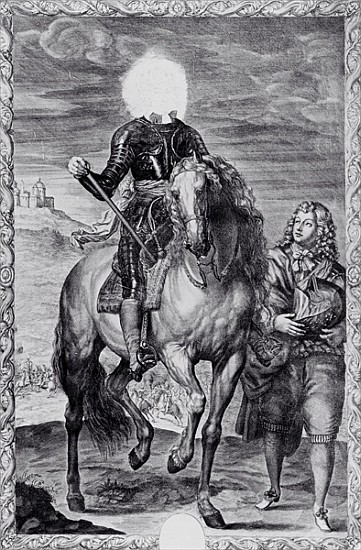 Defaced equestrian portrait of Charles I; engraved by Pierre Lombart a (after) Sir Anthony van Dyck