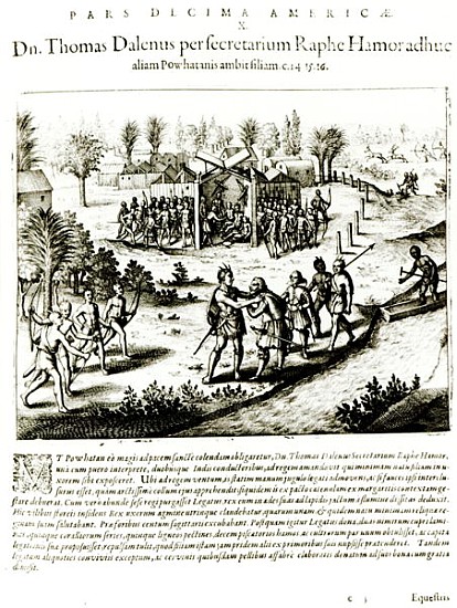 Ralph Hamor visits Powhatan a (after) Theodore de Bry