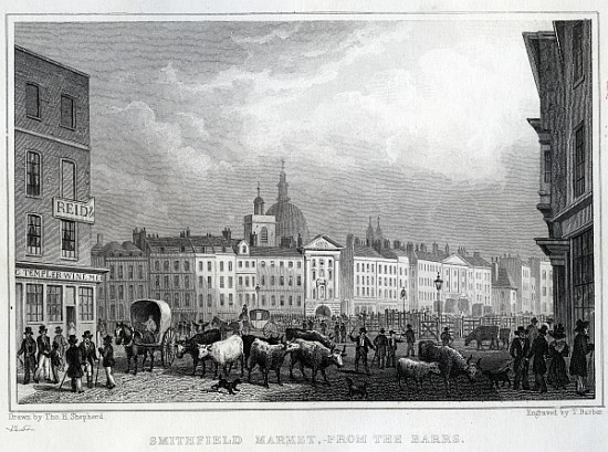 Smithfield Market from the Barrs; engraved by Thomas Barber, c.1830 a (after) Thomas Hosmer Shepherd