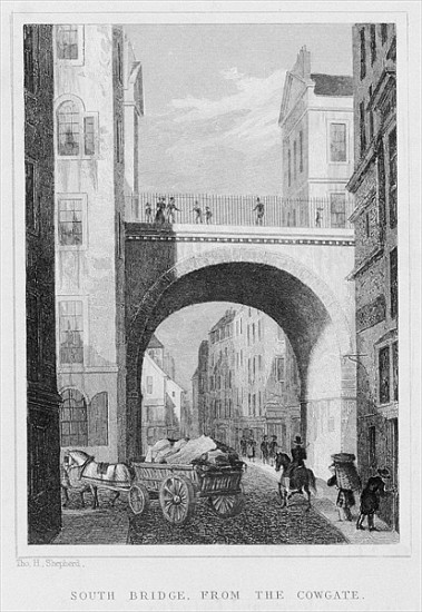 South Bridge from the Cowgate, Edinburgh ; engraved by William Watkins a (after) Thomas Hosmer Shepherd