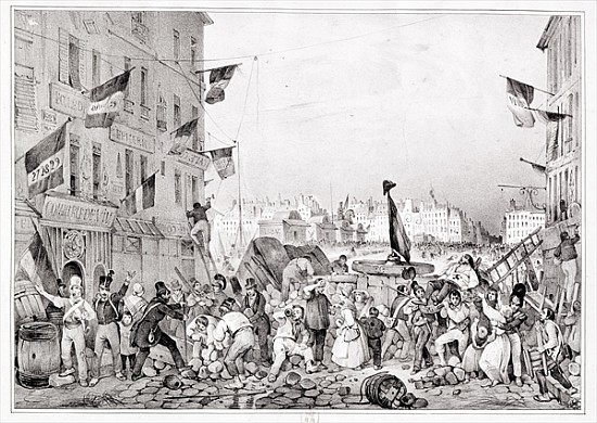 Barricade at the Rue Dauphine, 29th July 1830; engraved by H. Delaporte a (after) Victor Adam