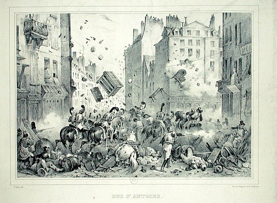 Rue Saint-Antoine in July 1830; engraved by H. Delaporte a (after) Victor Adam