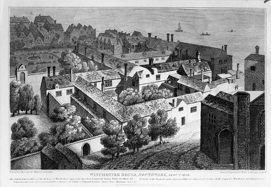 Winchester House, Southwark in about 1649, published in 1812 a (after) Wenceslaus Hollar