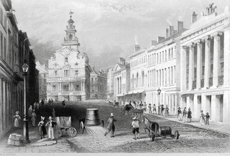 State Street, Boston; engraved by S.Lacey a (after) William Henry Bartlett