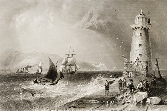 South Wall Lighthouse with Howth Hill in the Distance, Dublin, from ''Scenery and Antiquities of Ire a (after) William Henry Bartlett