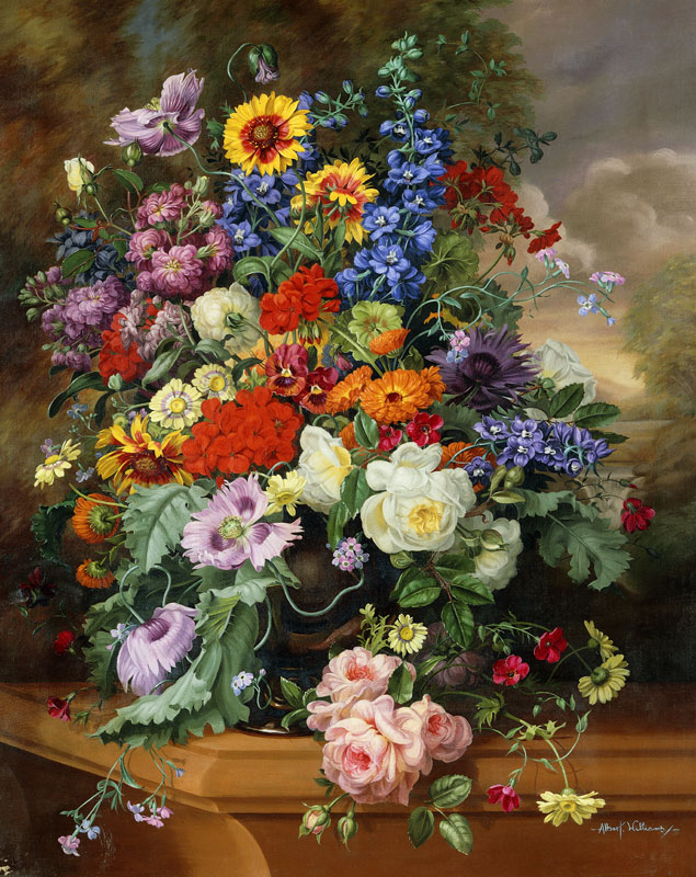 Still Life with Roses, Delphiniums, Poppies, and Marigolds on a Ledge a Albert  Williams