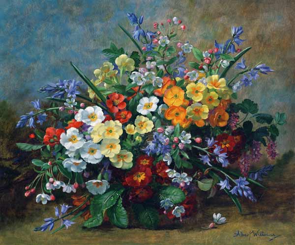 AB.130.Yellow, white and orange primulas with bluebells in a vase a Albert  Williams