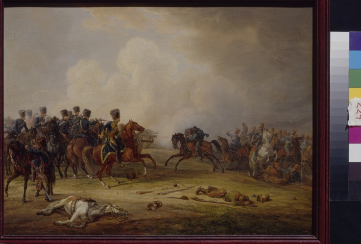 An attack of Austrian Hussars on the French battery a Albrecht Adam