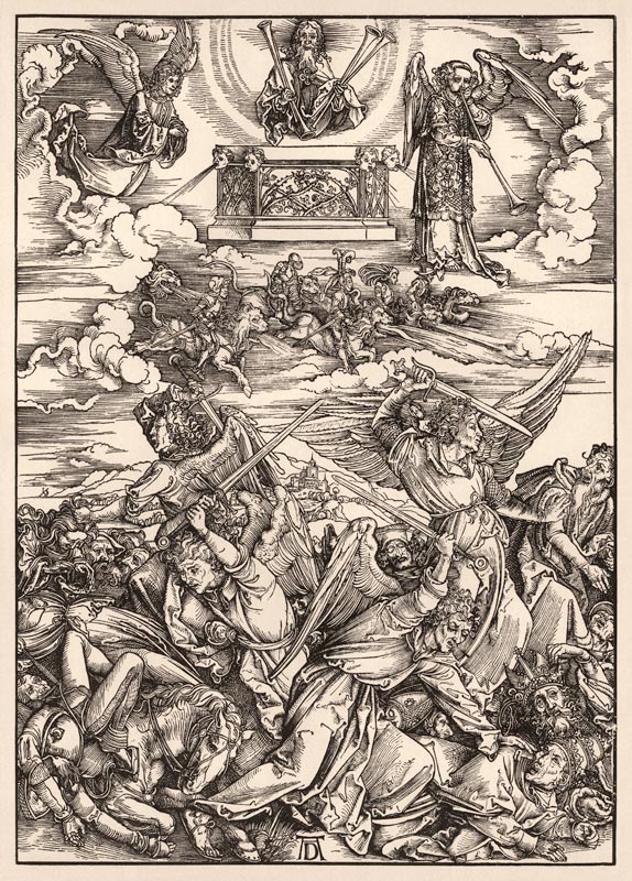Der Engelkampf, aus der Folge der Apokalypse, Latein-Ausgabe 1511 a Albrecht Durer