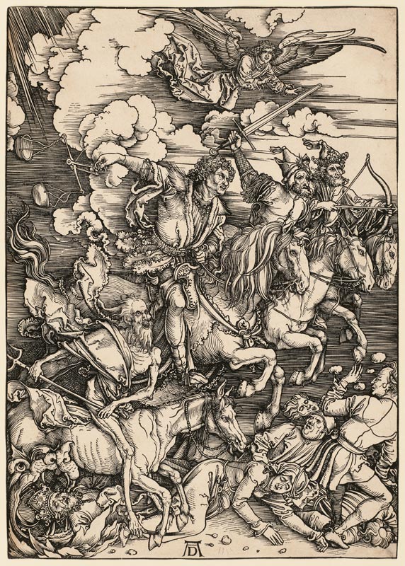 Die apokalyptischen Reiter, aus der Folge der Apokalypse, Einzeldruck vor dem Text a Albrecht Durer
