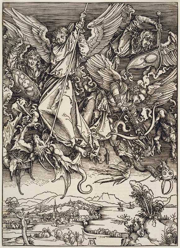 Michaels Kampf mit dem Drachen, aus der Folge der Apokalypse, Urausgabe Deutsch 1498 a Albrecht Durer