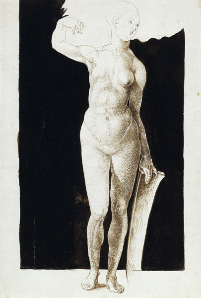 Proportion study of female nude with a shield a Albrecht Durer