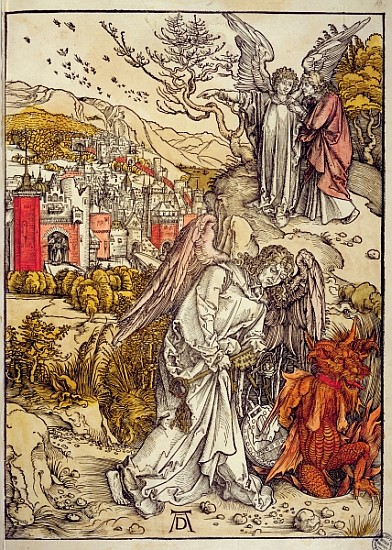 Angel with the Key of the Abyss, 1498 (colour woodcut) a Albrecht Durer