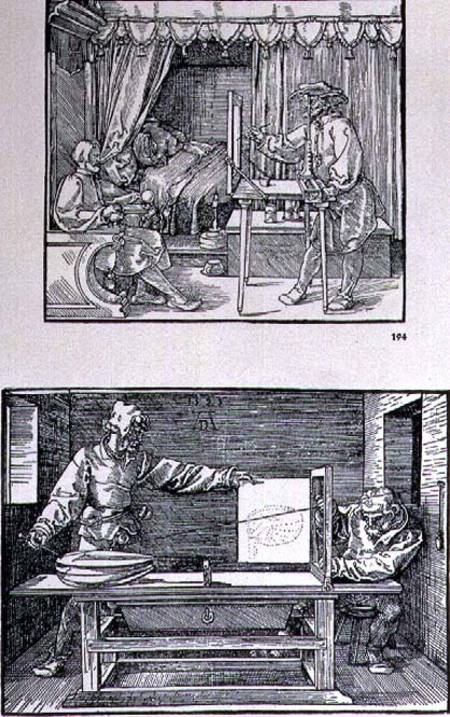 Apparatus for translating three-dimensional objects into two-dimensional drawings, two scenes from t a Albrecht Durer