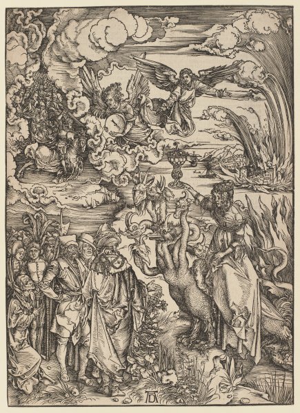 Das babylonische Weib, aus der Folge der Apokalypse, Urausgabe Deutsch 1498 a Albrecht Durer