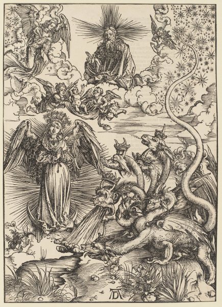 Das Sonnenweib und der siebenköpfige Drache, aus der Folge der Apokalypse, Latein-Ausgabe 1511 a Albrecht Durer