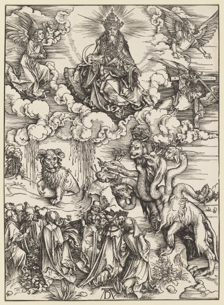 Das Tier mit den Lammhörnern, aus der Folge der Apokalypse, Einzeldruck vor dem Text a Albrecht Durer