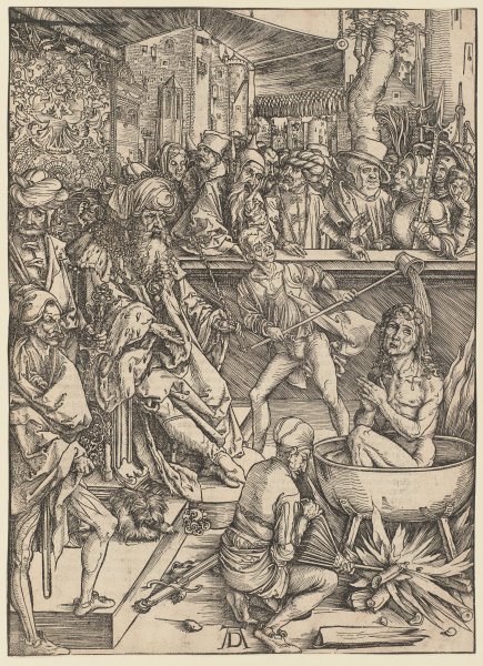Die Marter des Evangelisten Johannes, aus der Folge der Apokalypse, Urausgabe Deutsch 1498 a Albrecht Durer