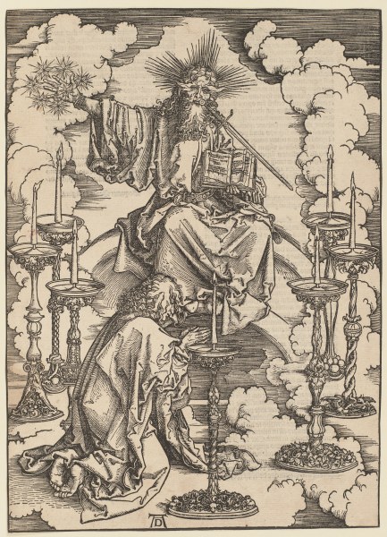 Johannes erblickt die sieben Leuchter, aus der Folge der Apokalypse, Latein-Ausgabe 1511 a Albrecht Durer